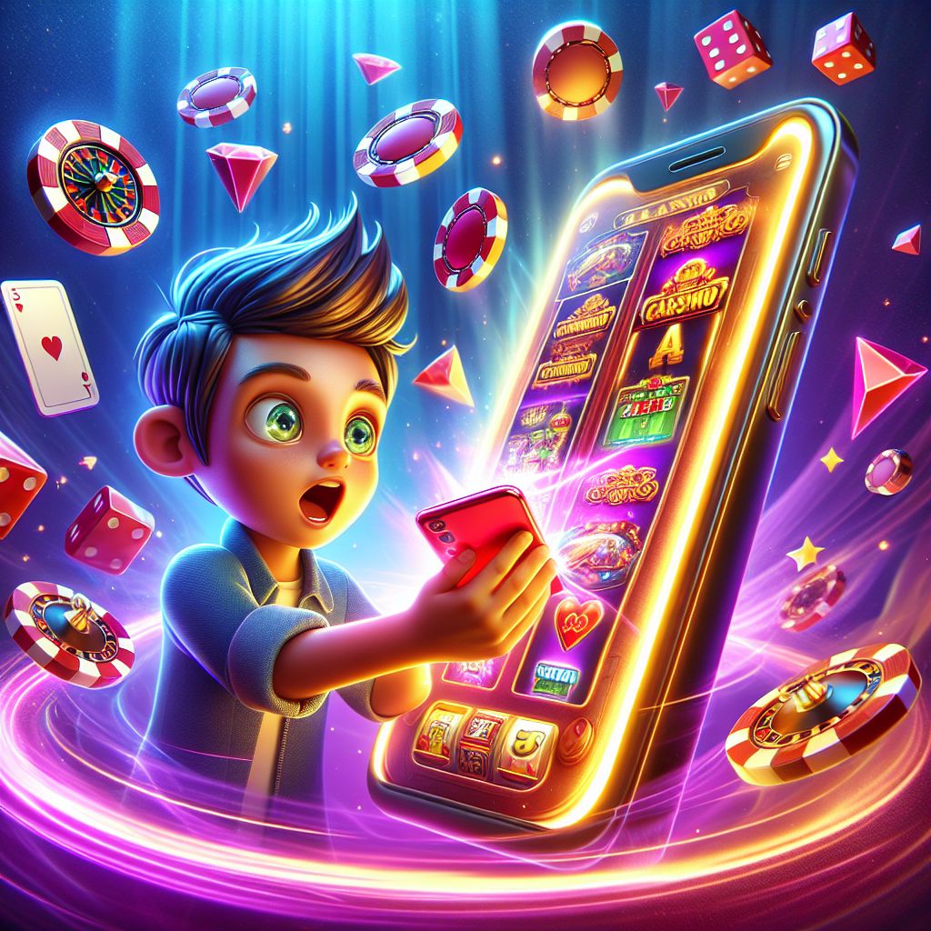 Cartoon character using a smartphone to play C4444 mobile casino games