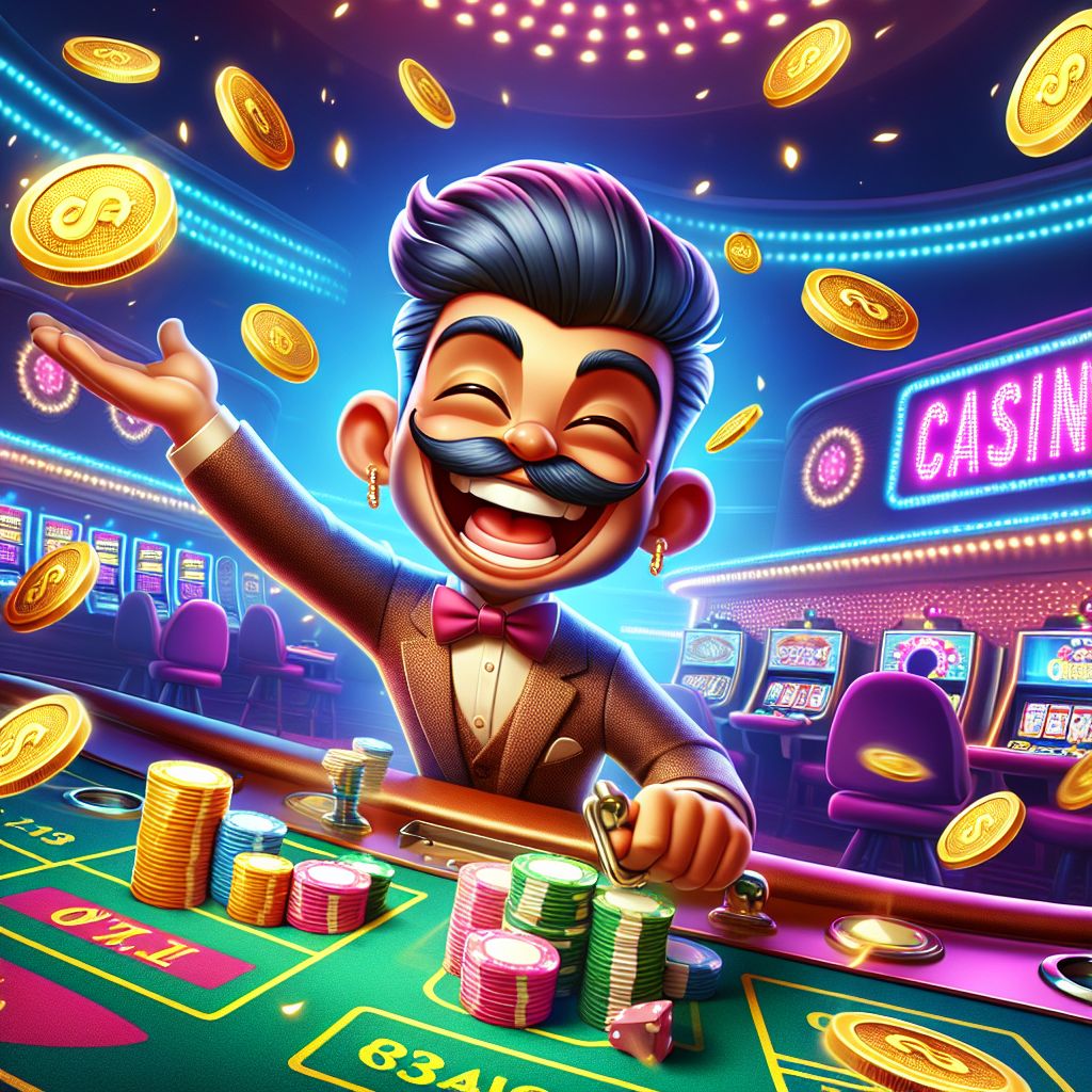 C4444 Casino themed cartoon character winning jackpot